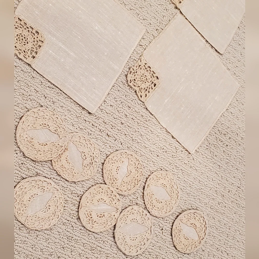 Vtg Irish Linen Crochet Lace Napkin+Doily 16 Pc Set, Tan, Never Used